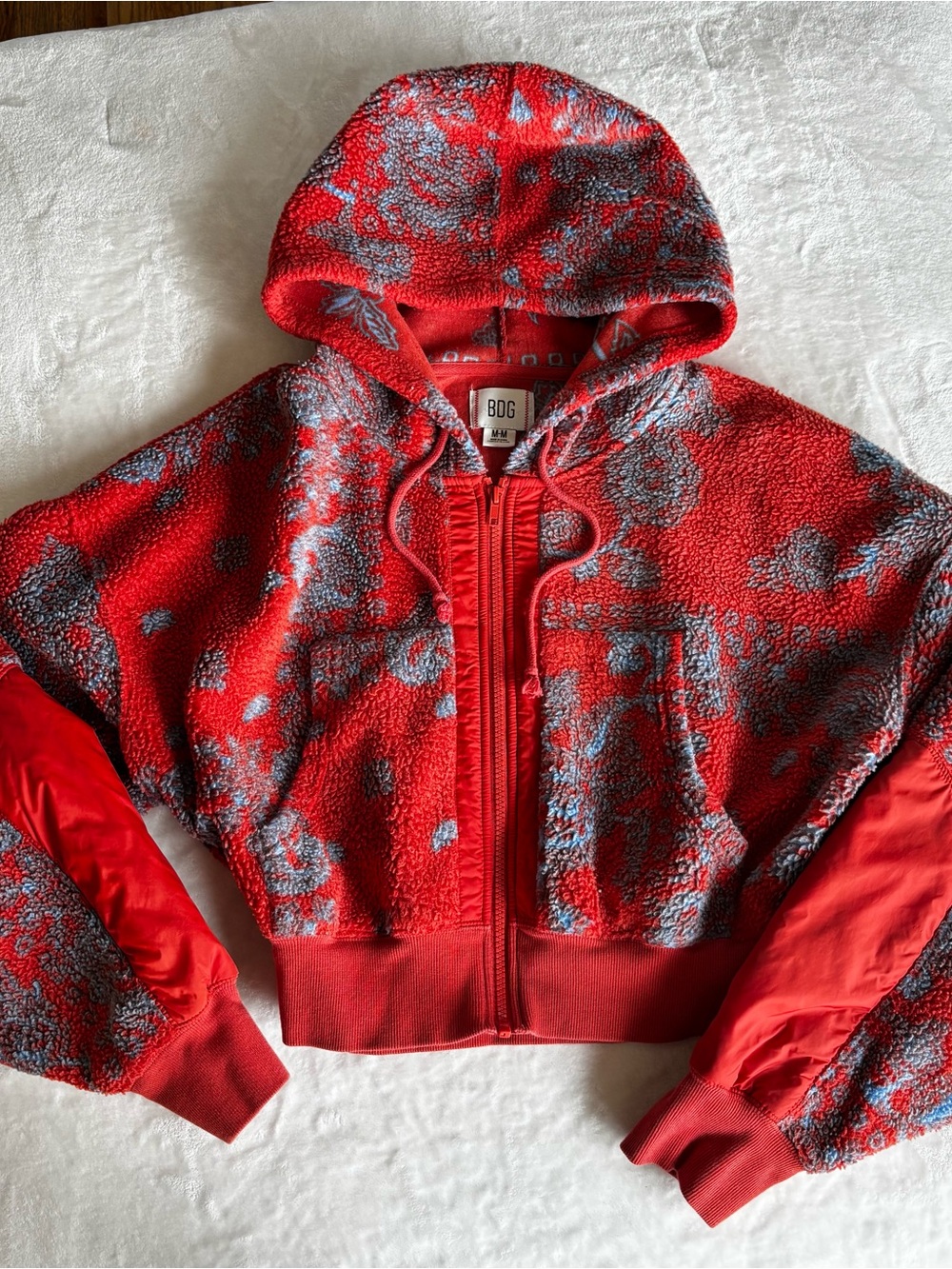 BDG Red and light blue Patterned Sherpa Zip Hoodie